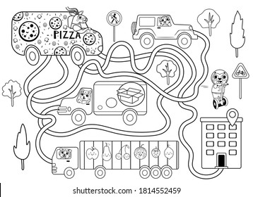 Help the pizza delivery car find the right path to the client. Maze or labyrinth game for preschool children black and white for coloring. Puzzle. Tangled road. Transport for kids