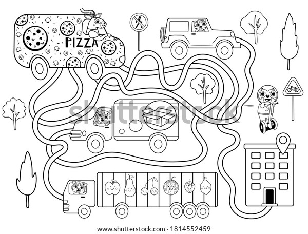 Help the pizza\
delivery car find the right path to the client. Maze or labyrinth\
game for preschool children black and white for coloring. Puzzle.\
Tangled road. Transport for\
kids