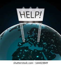 help placard on earth with couuntry lights
