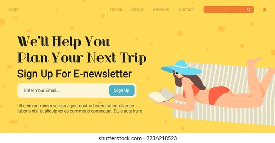 Ayuda para planificar un nuevo viaje y el próximo viaje, encontrar un lugar para hospedarse y realizar actividades. Suscríbase a un boletín electrónico y esté en contacto. Plantilla de página de inicio del sitio web, sitio de Internet. Vector de estilo plano