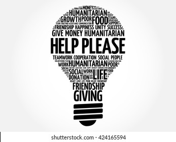 Help please bulb word cloud collage concept