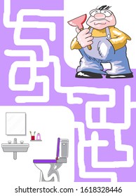 Help the plumber to find the path to the bathroom on the other side of the maze. Vector illustration in cartoon style, available in EPS 10.