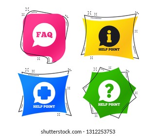 Hilfepunktsymbole. Frage- und Informationssymbole. Häufig gestellte Fragen: Sprechblasenzeichen Geometrische bunte Tags. Banner mit flachen Symbolen. Trendy Design. Vektorgrafik