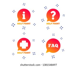 Help point icons. Question and information symbols. FAQ speech bubble signs. Random dynamic shapes. Gradient help icon. Vector