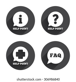 Help point icons. Question and information symbols. FAQ speech bubble signs. Circles buttons with long flat shadow. Vector