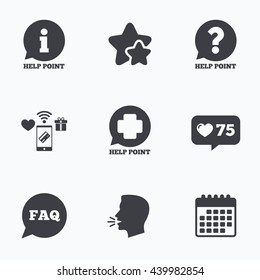 Help point icons. Question and information symbols. FAQ speech bubble signs. Flat talking head, calendar icons. Stars, like counter icons. Vector