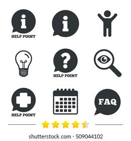 Help point icons. Question and information symbols. FAQ speech bubble signs. Information, light bulb and calendar icons. Investigate magnifier. Vector
