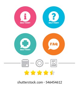 Help point icons. Question and information symbols. FAQ speech bubble signs. Calendar, cogwheel and report linear icons. Star vote ranking. Vector