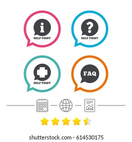 Help point icons. Question and information symbols. FAQ speech bubble signs. Calendar, internet globe and report linear icons. Star vote ranking. Vector