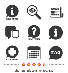 Help point icons. Question and information symbols. FAQ speech bubble signs. Newspaper, information and calendar icons. Investigate magnifier, chat symbol. Vector