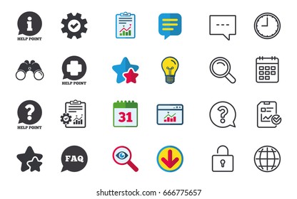 Help point icons. Question and information symbols. FAQ speech bubble signs. Chat, Report and Calendar signs. Stars, Statistics and Download icons. Question, Clock and Globe. Vector