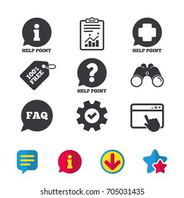 Help point icons. Question and information symbols. FAQ speech bubble signs. Browser window, Report and Service signs. Binoculars, Information and Download icons. Stars and Chat. Vector