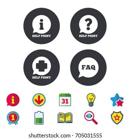 Help point icons. Question and information symbols. FAQ speech bubble signs. Calendar, Information and Download signs. Stars, Award and Book icons. Light bulb, Shield and Search. Vector
