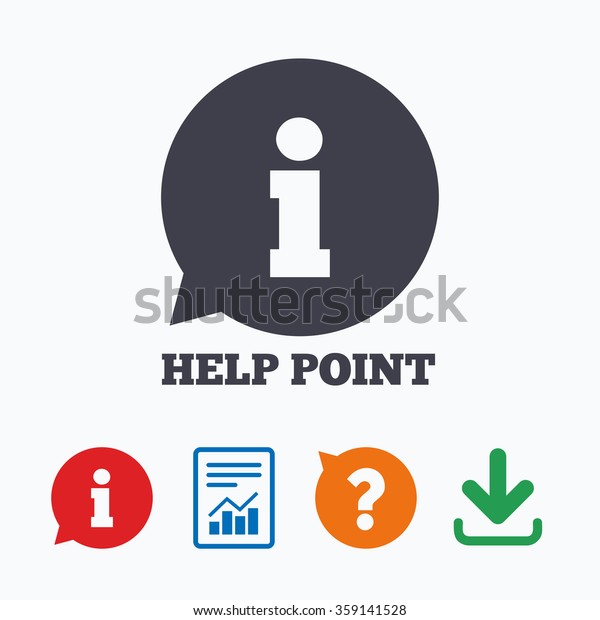 Help point sign icon.\
Information symbol. Information think bubble, question mark,\
download and report.