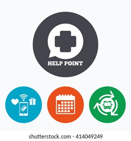 Help point sign icon. Medical cross symbol. Mobile payments, calendar and wifi icons. Bus shuttle.