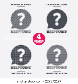 Help point sign icon. Question symbol. Diagonal and horizontal lines, classic outline, dotted texture. Pattern design icons.  Vector