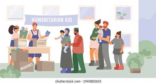 Help poor family composition with outdoor scenery and group of volunteers giving humanitarian aid to needy vector illustration svg