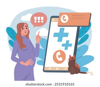 Help to pregnant woman online. Girl near smartphone calls doctor. Healthcare and medicine. Female reproductive system. Motherhood and parenthood. Flat vector illustration isolated on white background