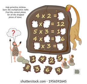 Ayuda a los niños primitivos a aprender la tabla de multiplicación. Encuentra los lugares correctos para todos los trozos de piedra dejados caer. Juego de rompecabezas lógico. Educación matemática. Hoja de trabajo para la escuela infantil. Juega en línea.