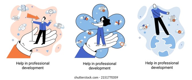 Help in professional development metaphor. Qualified employee training program. Refresher course. Human resource management organization. Business education workshop. School personality growth in team
