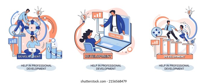 Help in professional development metaphor. Qualified employee training program. Refresher course. Human resource management organization. Business education workshop. School personality growth in team