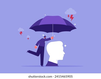 Help, psychological support or treatment mental illness concept, mental health protection, depression or anxiety control, man holds umbrella over  head to protect from heavy storm depression