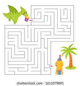 Help the pterodactyl find path to his friend T-rex. Maze game for children. Funny labyrinth. Birthday theme. Kawaii cartoon characters.