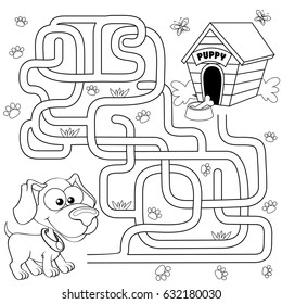 Help puppy find path to his house. Labyrinth. Maze game for kids. Black and white vector illustration for coloring book