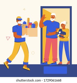 Help in quarantine. Volunteer in a medical mask and gloves delivered a box of food and goods to elderly people sitting at home. Protection against the spread of the virus. Social care concept