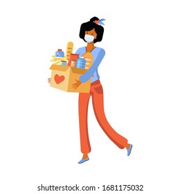 Help with quarantine. Young woman in a protective medical mask carries a bag of food. Volunteer carries food to people sitting at home in quarantine. Novel coronavirus 2019-nCoV. Vector illustration