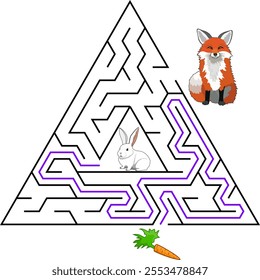 Help a rabbit escape from a pyramid maze to find a carrot and avoid the fox. Feed the hungry rabbit labyrinth. Easy riddle for lkids with solution.