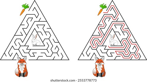 Help a rabbit escape from a pyramid maze to find a carrot and avoid the fox. Feed the hungry rabbit labyrinth. Easy riddle for lkids with solution.