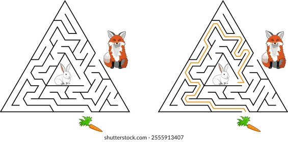 Help a rabbit escape from a pyramid maze to find a carrot and avoid the fox. Feed the hungry rabbit labyrinth. Easy riddle for lkids with solution.