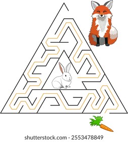 Help a rabbit escape from triangular maze to find carrot. Avoid the fox. Feed the hungry rabbit labyrinth. Easy riddle for little kids with solution.