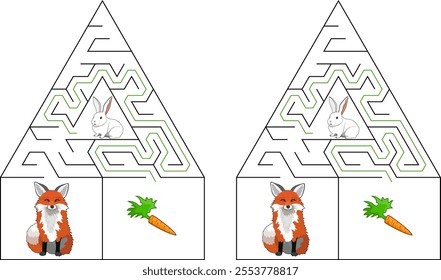 Help a rabbit escape from triangular maze to find carrot. Avoid the fox. Feed the hungry rabbit labyrinth. Easy riddle for little kids with solution.