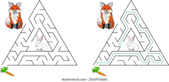 Help a rabbit escape from triangular maze to find carrot. Avoid the fox. Feed the hungry rabbit labyrinth. Easy riddle for little kids with solution.