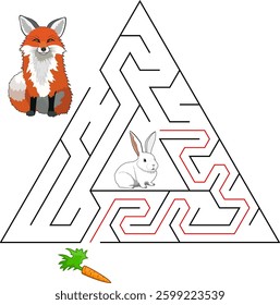 Help a rabbit escape from triangular maze to find carrot. Avoid the fox. Feed the hungry rabbit labyrinth. Easy riddle for little kids with solution.