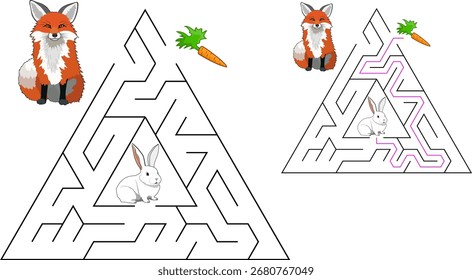 Ajude um coelho a escapar do labirinto triangular para encontrar cenoura. Evite a raposa. Alimente o labirinto de coelho faminto. Fácil enigma para crianças pequenas com solução.