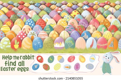 Help the rabbit find all Easter eggs. Find 12 hidden objects in the picture. Hidden objects puzzle. Funny cartoon character. Vector illustration. Puzzle Hidden Items.