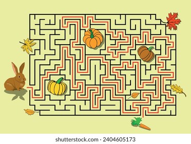 Help rabbit to find a carrot. Thanksgiving autumn labyrinth with scattered pumpkins and leaves. Maze with solution - red passing route. Children logic game for brain training.