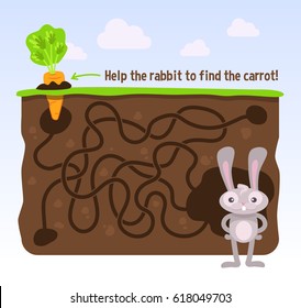 Help The Rabbit To Find The Carrot! Vector Maze Game.