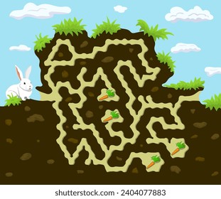 Help rabbit find four carrots and climb out of the hole. Maze game for small kids with bunny and his burrow. Colorful landscape with labyrinth inside the ground. Easy preschool puzzle.