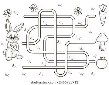 Hilf dem Kaninchen, Karotten zu essen. Labyrinth-Spiel für Kinder, Puzzle auf der Straße, Verwirrung Spiel mit Lösung.  Schwarz-Weiß-Illustration zum Färben. Abbildung der Vektorgrafik eps 10.