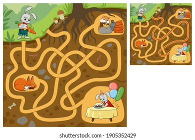 Ayuda al conejo a llegar a la fiesta de cumpleaños. Busque la ruta correcta. Juego de Maze. Ilustración vectorial de dibujos animados. Juego educativo para niños.