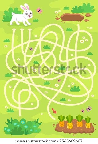 Help the rabbit get to the carrot patch. Labyrinth. Maze game for children. Vector illustration.