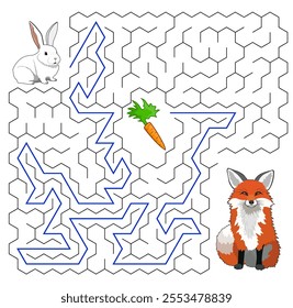 Help a rabbit pass through square maze with hexagonal cell to find carrot and avoid the fox. Feed the hungry rabbit labyrinth. Not hard riddle for kids and parents with solution.