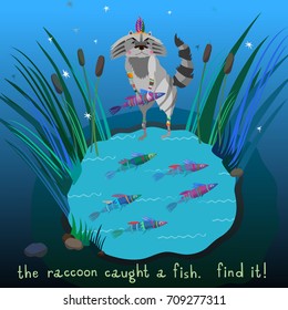Help the raccoon to find a fish. Kids maze game with cute indian raccoon. Vector illustration for children preschool education.