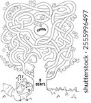 Help the Raccoon go through trees maze and get an apple. Children logic game to pass the maze. Educational game for kids. Choose right path. Funny cartoon character. Worksheet page. Coloring book