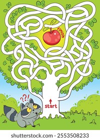 Help the Raccoon go through trees maze and get an apple. Children logic game to pass the maze. Educational game for kids. Choose right path. Funny cartoon character. Worksheet page