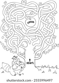 Help the Raccoon go through trees maze and get an apple. Children logic game to pass the maze. Educational game for kids. Choose right path. Funny cartoon character. Worksheet page. Coloring book